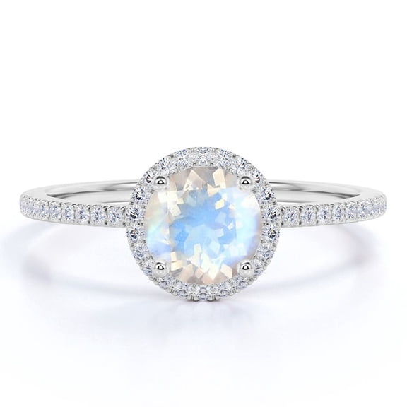 JeenMata 1 Carat Round Faceted Rainbow Moonstone and Moissanite Heart Halo Wedding Ring in 18k White Gold over Silver