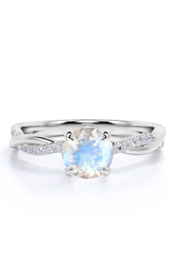 1 Carat Round Faceted Rainbow Moonstone and Moissanite Infinity Wedding Ring in 18k White Gold over Silver