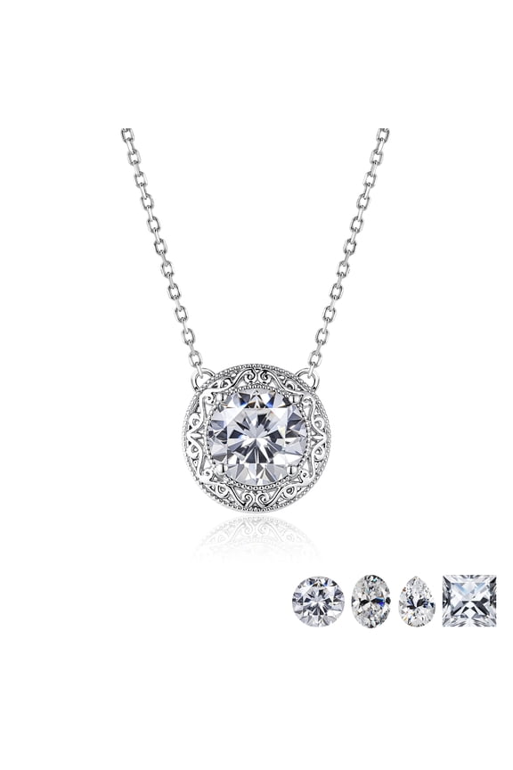 2 Carat Round Halo Moissanite Pendant Necklace - Vintage Inspired Pendant in 18K White Gold Plating for Women