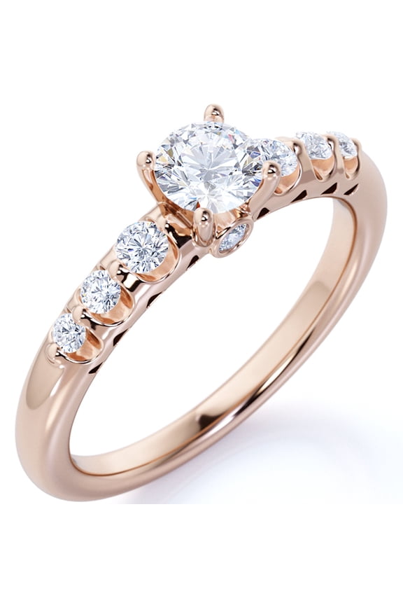 1 Carat - Round Moissanite - Graduated Moissanite Band - 7 Stone Moissanite Wedding Ring in 18K Rose Gold over Silver