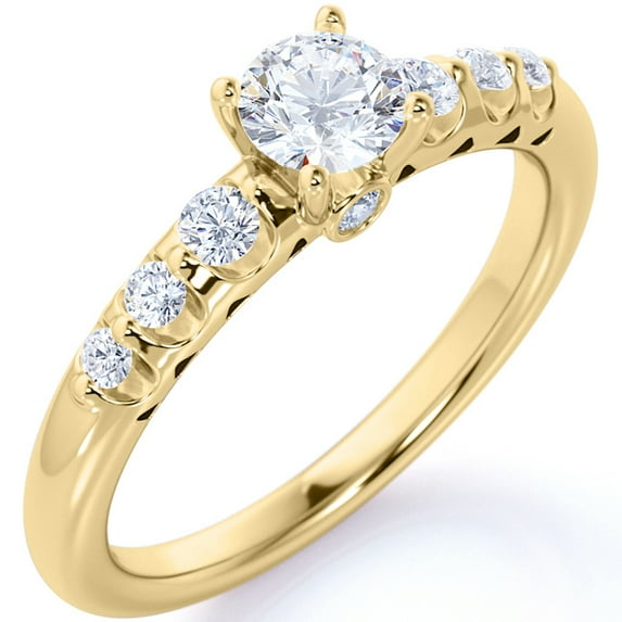 JeenMata 1 Carat - Round Moissanite - Graduated Moissanite Band - 7 Stone Moissanite Wedding Ring in 18K Yellow Gold over Silver
