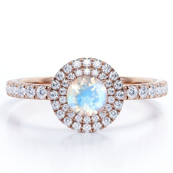 JeenMata 1 Carat Round Shaped Blue Moonstone and Moissanite - Pave Set - Dual Halo Cluster Engagement Ring - 18K Rose Gold Plating over Silver