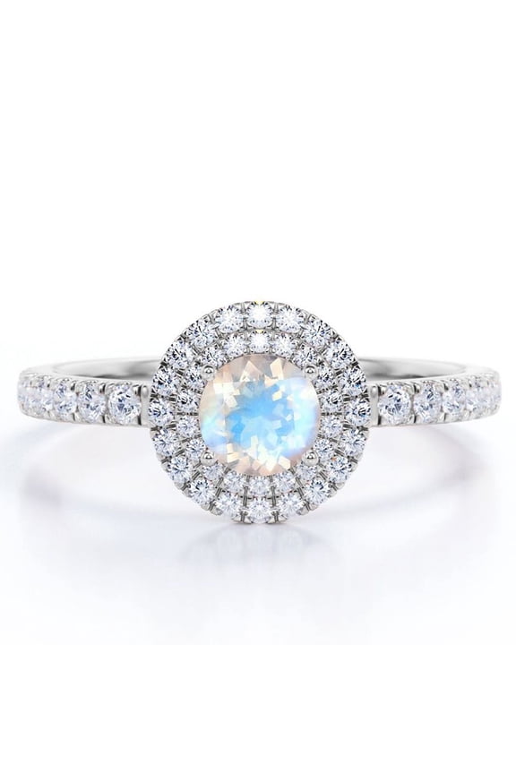 1 Carat Round Shaped Blue Moonstone and Moissanite - Pave Set - Dual Halo Cluster Engagement Ring - 18K White Gold Plating over Silver