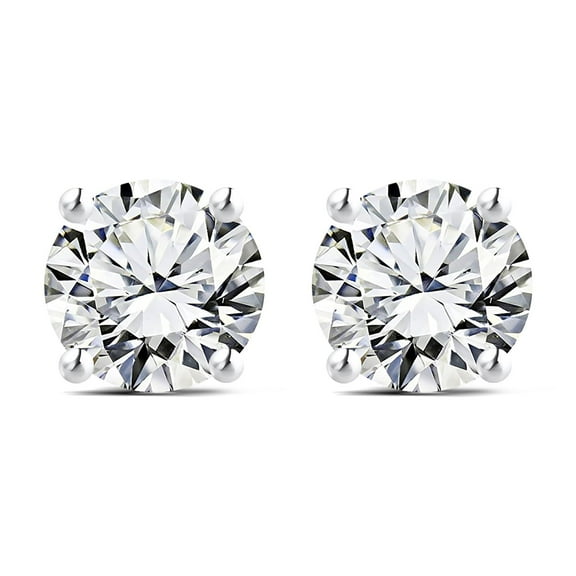 JeenMata 1 Carat Round Shaped Moissanite Solitaire Stud Earrings - 4 Prong - In 18K White Gold Plating Over Silver