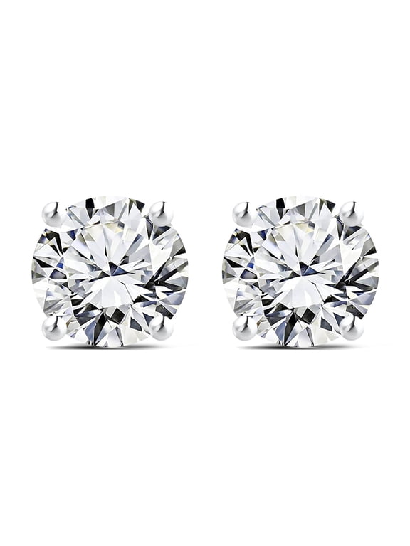 1 Carat Round Shaped Moissanite Solitaire Stud Earrings - 4 Prong - In 18K White Gold Plating Over Silver