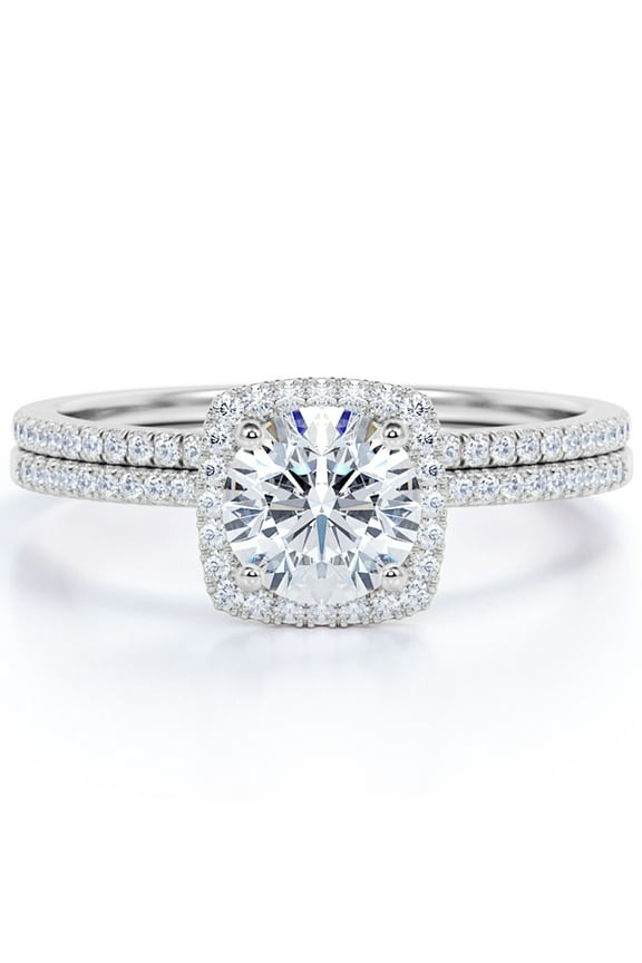 1 Carat Round cut Moissanite Engagement Ring Set in 18k White Gold Over Silver