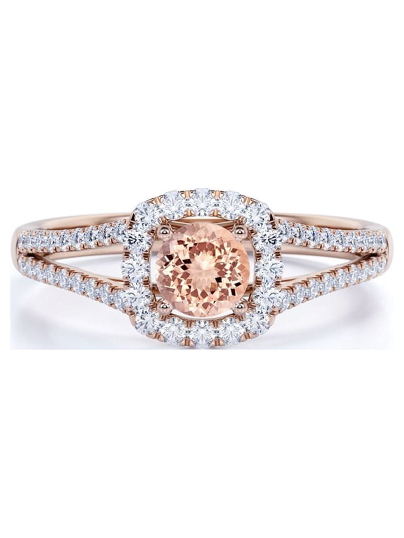 1 Carat Round cut created morganite and Moissanite Engagement Ring in 18k Gold Over Sterling Silver