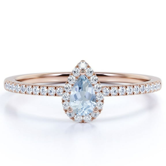 JeenMata 1 Carat Teardrop Created Aquamarine Halo Dainty Ring in 18k Rose Gold over Silver