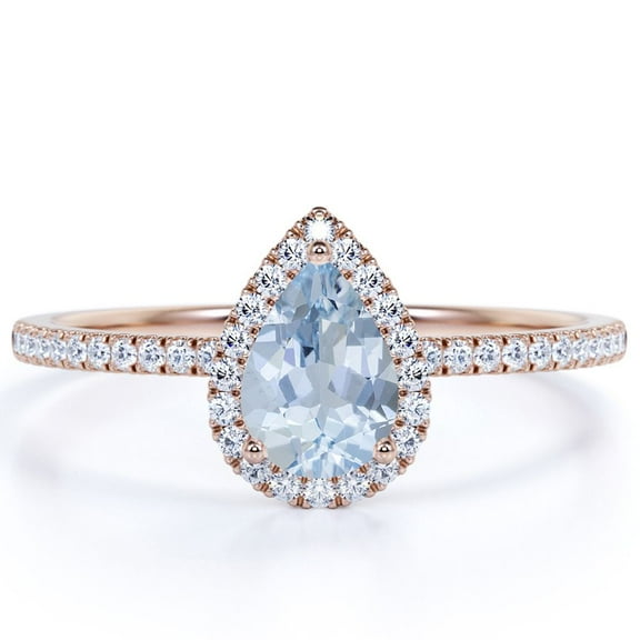 JeenMata 1 Carat Teardrop Created Aquamarine Halo Engagement Ring in 18k Rose Gold over Silver