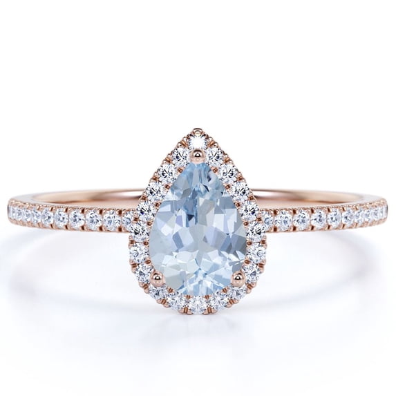 JeenMata 1 Carat Teardrop Created Aquamarine Halo Engagement Ring in 18k Rose Gold over Silver