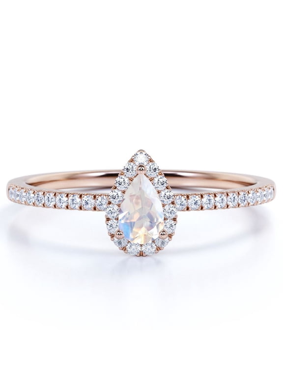 1 Carat Teardrop Rainbow Moonstone and Moissanite Halo Dainty Ring in 18k Rose Gold over Silver