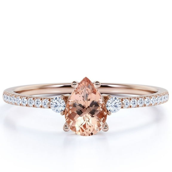 JeenMata 1 Carat Three Stone Peach created morganite Engagement Ring in 18K Rose Gold over Silver