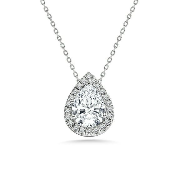 JeenMata 1 TCW Pear Shaped Moissanite - Halo - Slider Pendant Necklace in 18K White Gold over Silver