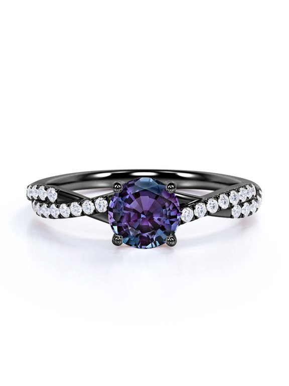 1 TCW Round-Shaped Lab Created Alexandrite and Moissanite - Infinity with Pave Accents - Prong Engagement Ring - 18K Black Gold Plating over Silver