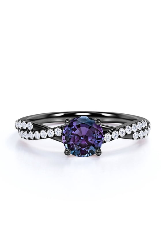1 TCW Round-Shaped Lab Created Alexandrite and Moissanite - Infinity with Pave Accents - Prong Engagement Ring - 18K Black Gold Plating over Silver