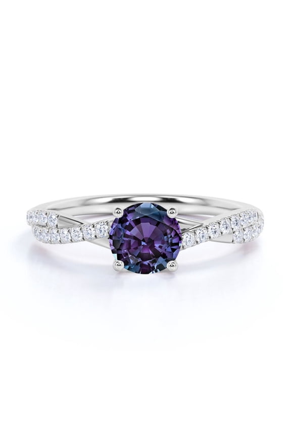 1 TCW Round-Shaped Lab Created Alexandrite and Moissanite - Infinity with Pave Accents - Prong Engagement Ring - 18K White Gold Plating over Silver