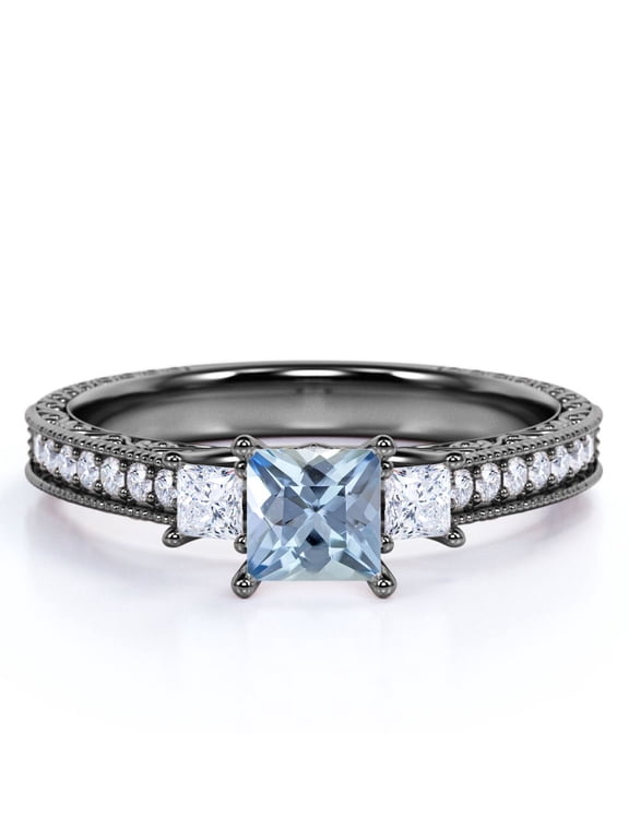 1 carat Princess Cut Dark Blue Created Aquamarine 3 Stone Simple Engagement Ring in 18k Black Gold over Silver
