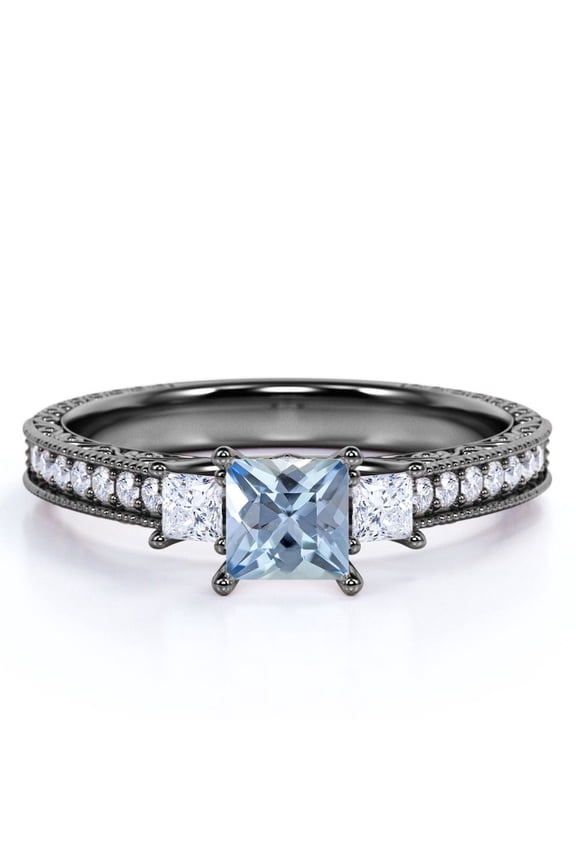1 carat Princess Cut Dark Blue Created Aquamarine 3 Stone Simple Engagement Ring in 18k Black Gold over Silver