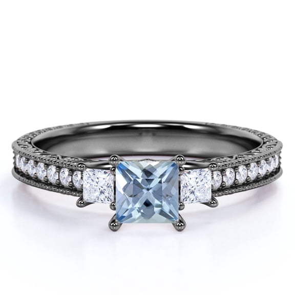 JeenMata 1 carat Princess Cut Dark Blue Created Aquamarine 3 Stone Simple Engagement Ring in 18k Black Gold over Silver