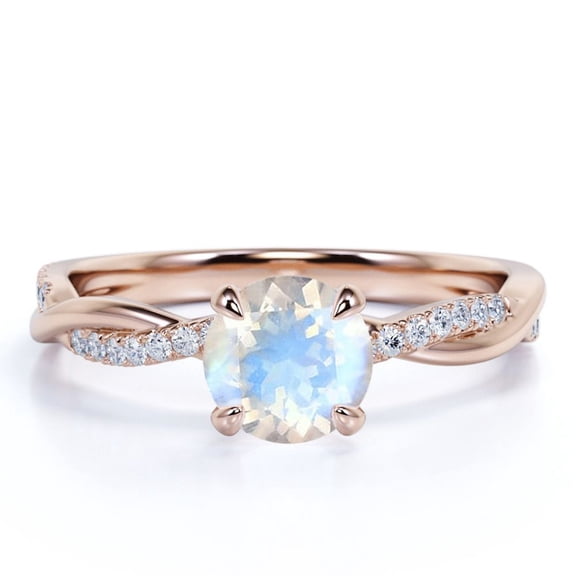 JeenMata 1 carat Round Cut Blue Moonstone and Moissanite Infinity Twisted Engagement Ring in 18k Rose Gold over Silver