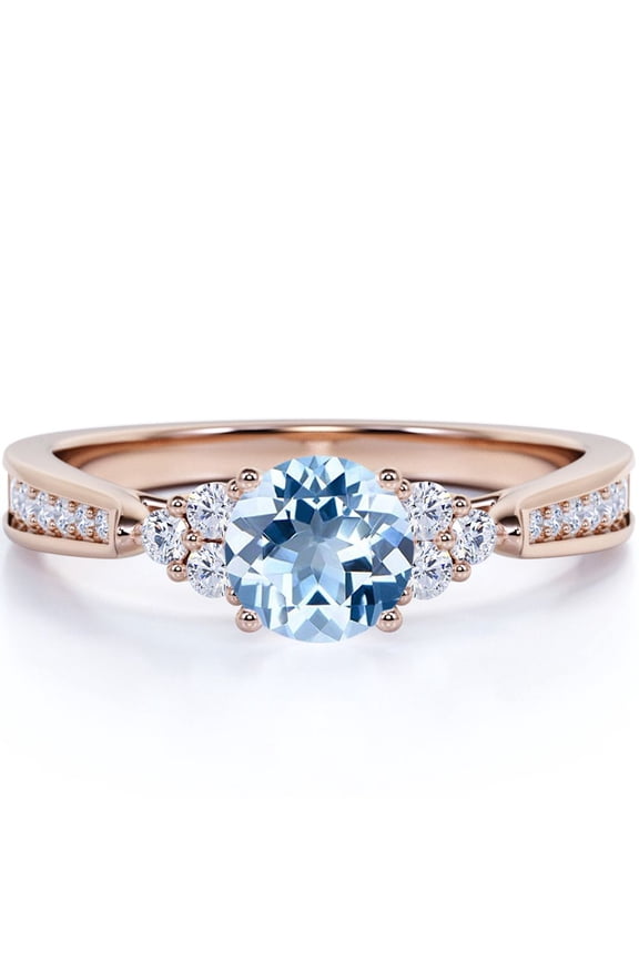 1 carat Round Dark Blue Created Aquamarine Tapered Art Deco Engagement Ring in 18k Rose Gold over Silver