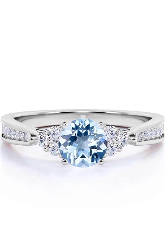 1 carat Round Dark Blue Created Aquamarine Tapered Birthstone Engagement Ring in 18k White Gold over Silver