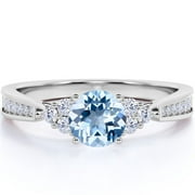 JeenMata 1 carat Round Dark Blue Created Aquamarine Tapered Birthstone Engagement Ring in 18k White Gold over Silver