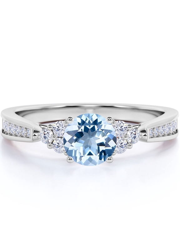 1 carat Round Dark Blue Created Aquamarine Tapered Birthstone Engagement Ring in 18k White Gold over Silver