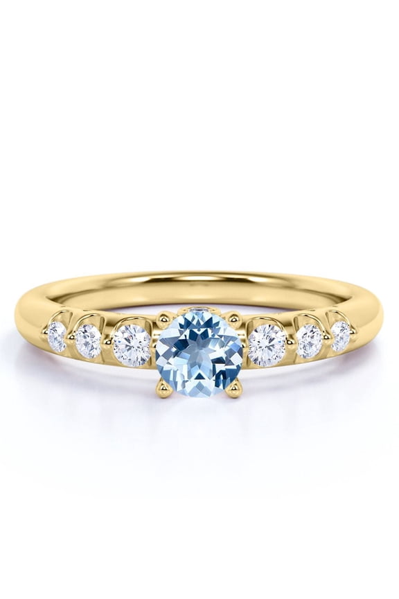 1 carat Round Light Blue Created Aquamarine 7 Stone Milgrain Engagement Ring in 18k Yellow Gold over Silver