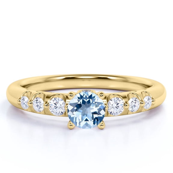 JeenMata 1 carat Round Light Blue Created Aquamarine 7 Stone Milgrain Engagement Ring in 18k Yellow Gold over Silver