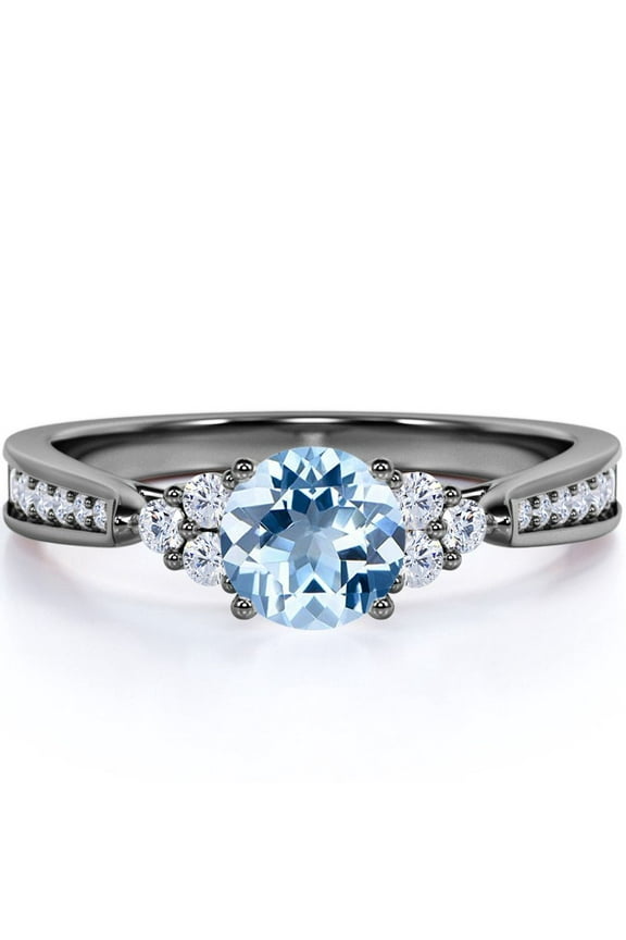 1 carat Round Sky Blue Created Aquamarine Tapered Simple Engagement Ring in 18k Black Gold over Silver