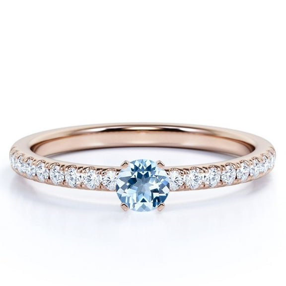 JeenMata 1 carat Round Sky Blue Real Aquamarine Dainty Antique Promise Ring in 18k Rose Gold over Silver