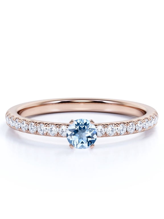 1 carat Round Sky Blue Real Aquamarine Dainty Antique Promise Ring in 18k Rose Gold over Silver