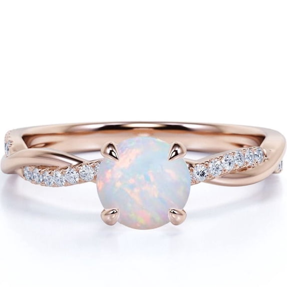 JeenMata 1 ct Genuine Round Rainbow Opal and Moissanite Twist Engagement Ring in 18K Rose Gold over Silver
