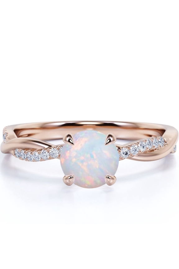 1 ct Genuine Round Rainbow Opal and Moissanite Twist Engagement Ring in 18K Rose Gold over Silver