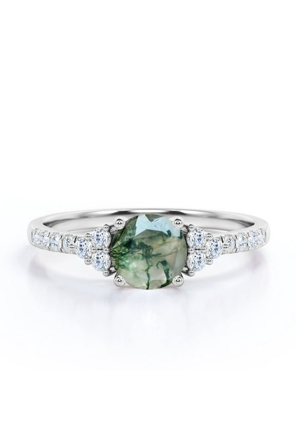 1 ct Natural Green Moss Agate and Moissanite - 7 Stone - Cluster Ring - Semi Eternity Engagement Ring in 18K White Gold Over Silver