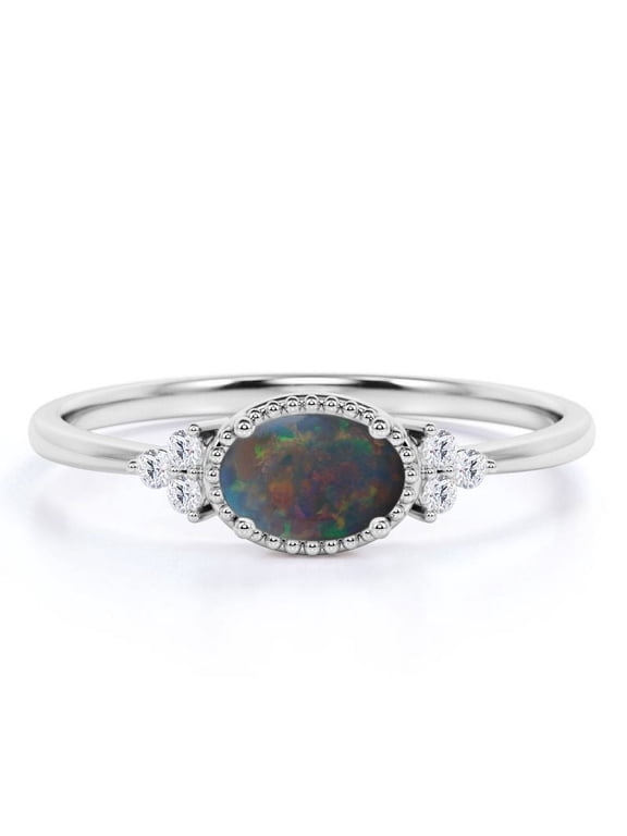 1 ct Oval Natural Opal Ring - East West Ring - 7 Stone Ring - Vintage Inspired Engagement Ring in 18k White Gold over Silver