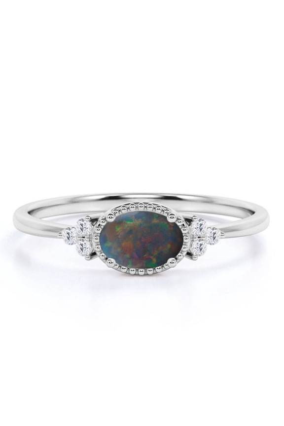 1 ct Oval Natural Opal Ring - East West Ring - 7 Stone Ring - Vintage Inspired Engagement Ring in 18k White Gold over Silver