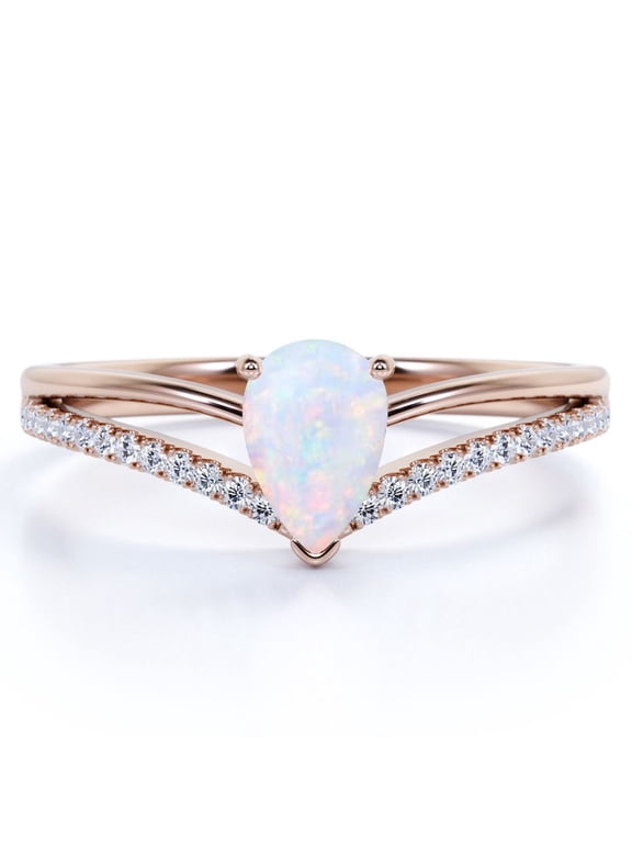 1 ct Pear Shaped Welo Opal and Moissanite Split Shank Engagement Ring in 18K Rose Gold over Silver
