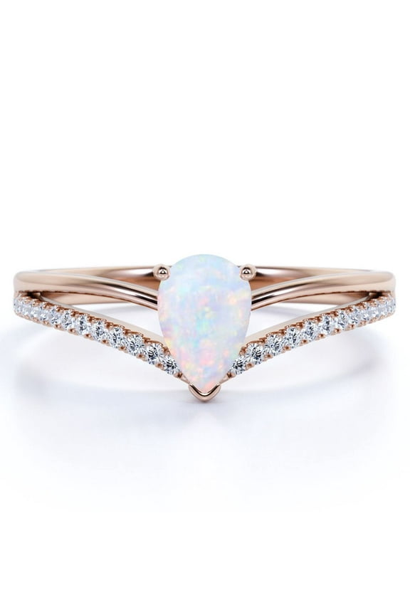 1 ct Pear Shaped Welo Opal and Moissanite Split Shank Engagement Ring in 18K Rose Gold over Silver