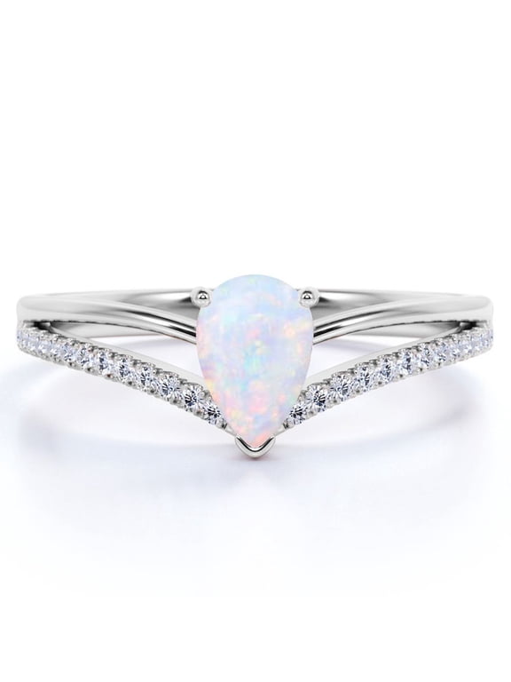 1 ct Pear Shaped Welo Opal and Moissanite Split Shank Engagement Ring in 18K White Gold over Silver