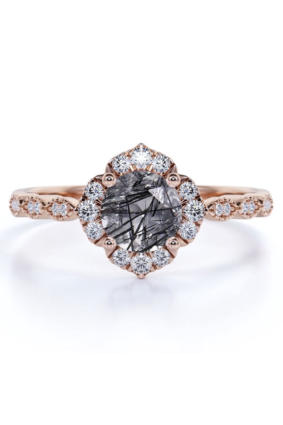 1 ct Round Cut Black Rutilated Quartz and Moissanite Vintage Art Deco Engagement Ring - Solid Quartz Ring - 18K Rose Gold Over Silver