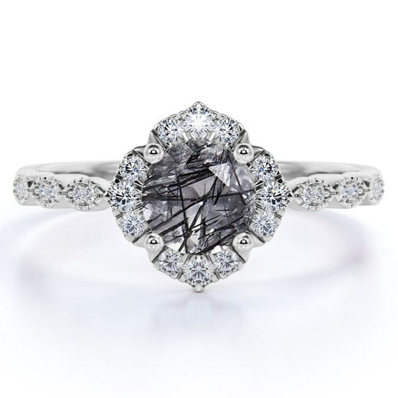 JeenMata 1 ct Round Cut Black Rutilated Quartz and Moissanite Vintage Art Deco Engagement Ring - Solid Quartz Ring - 18K White Gold Over Silver