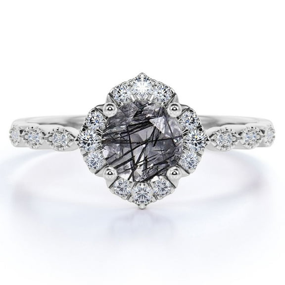 JeenMata 1 ct Round Cut Black Rutilated Quartz and Moissanite Vintage Art Deco Engagement Ring - Solid Quartz Ring - 18K White Gold Over Silver