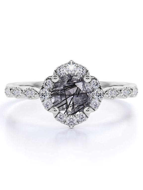 1 ct Round Cut Black Rutilated Quartz and Moissanite Vintage Art Deco Engagement Ring - Solid Quartz Ring - 18K White Gold Over Silver