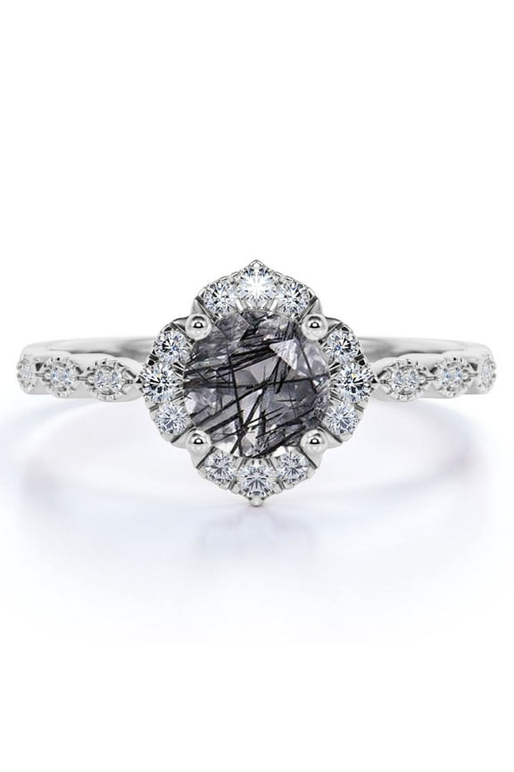 1 ct Round Cut Black Rutilated Quartz and Moissanite Vintage Art Deco Engagement Ring - Solid Quartz Ring - 18K White Gold Over Silver
