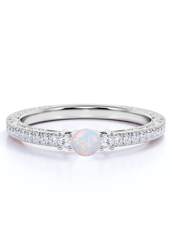 1 ct Round Genuine White Opal Petite Filigree Promise Ring in 18k White Gold over Silver