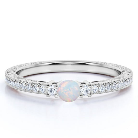 JeenMata 1 ct Round Genuine White Opal Petite Filigree Promise Ring in 18k White Gold over Silver