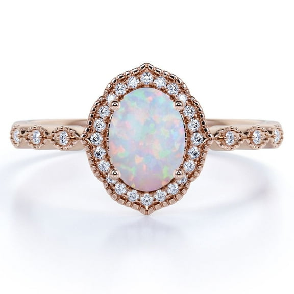JeenMata 1 ct Vintage Art Deco Real Oval Fiery Opal and Moissanite Halo Wedding Ring in 18K Rose Gold over Silver