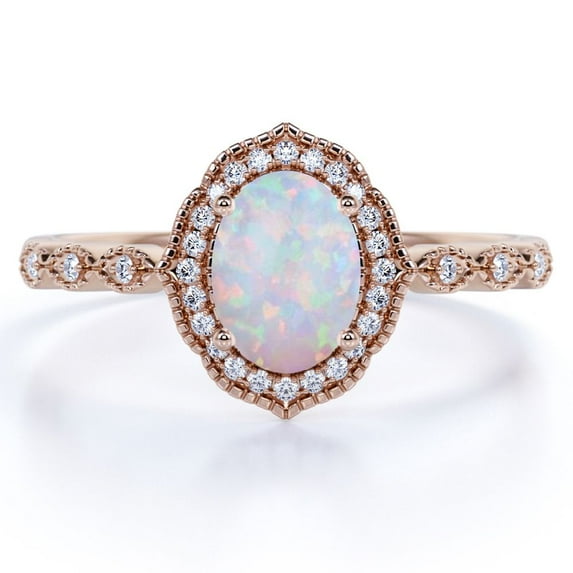 JeenMata 1 ct Vintage Art Deco Real Oval Fiery Opal and Moissanite Halo Wedding Ring in 18K Rose Gold over Silver